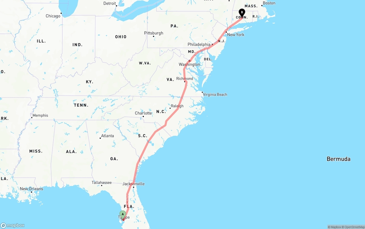 Shipping route from Tampa International Airport to Connecticut