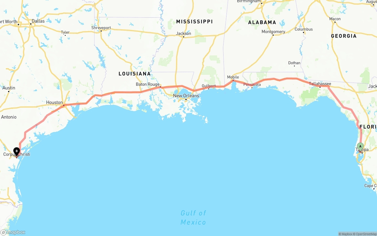 Shipping route from Tampa International Airport to Corpus Christi