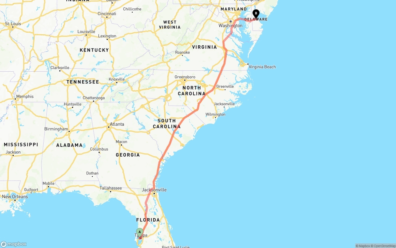 Shipping route from Tampa International Airport to Delaware