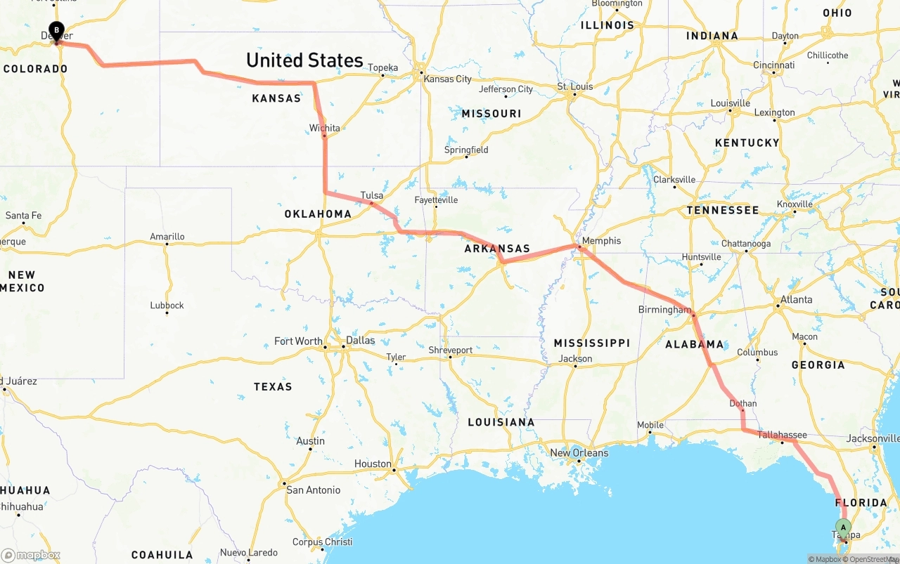 Shipping route from Tampa International Airport to Denver