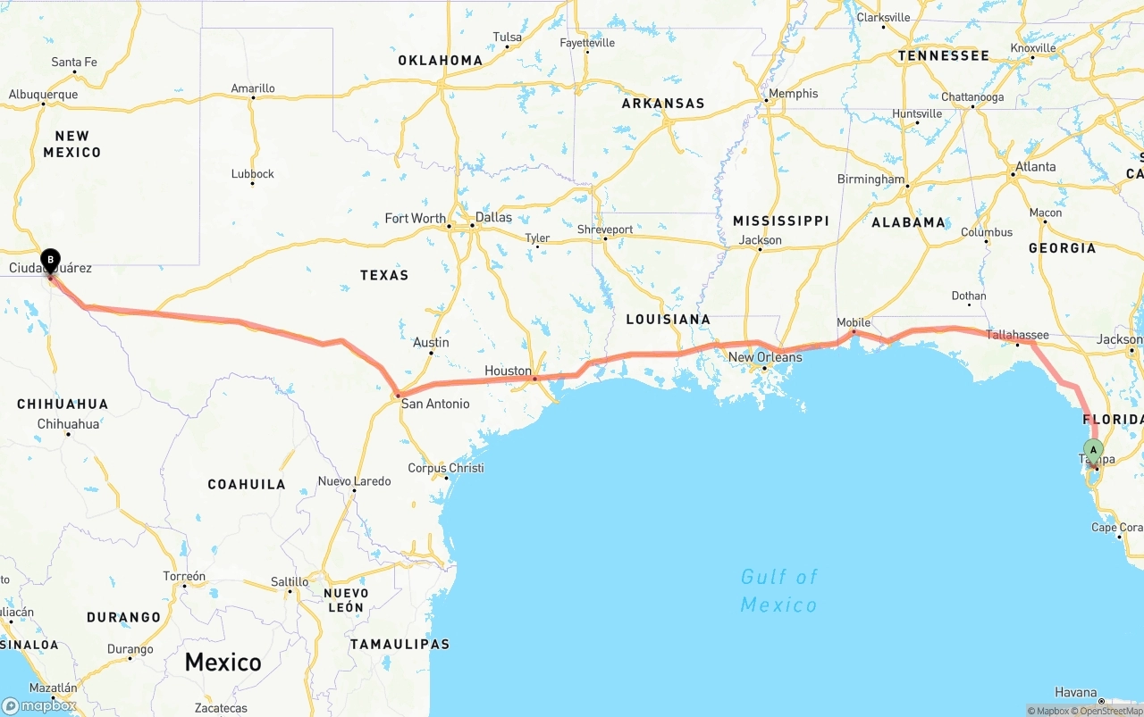 Shipping route from Tampa International Airport to El Paso