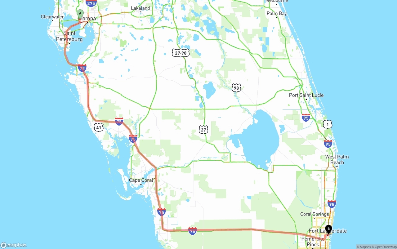 Shipping route from Tampa International Airport to Ft. Lauderdale