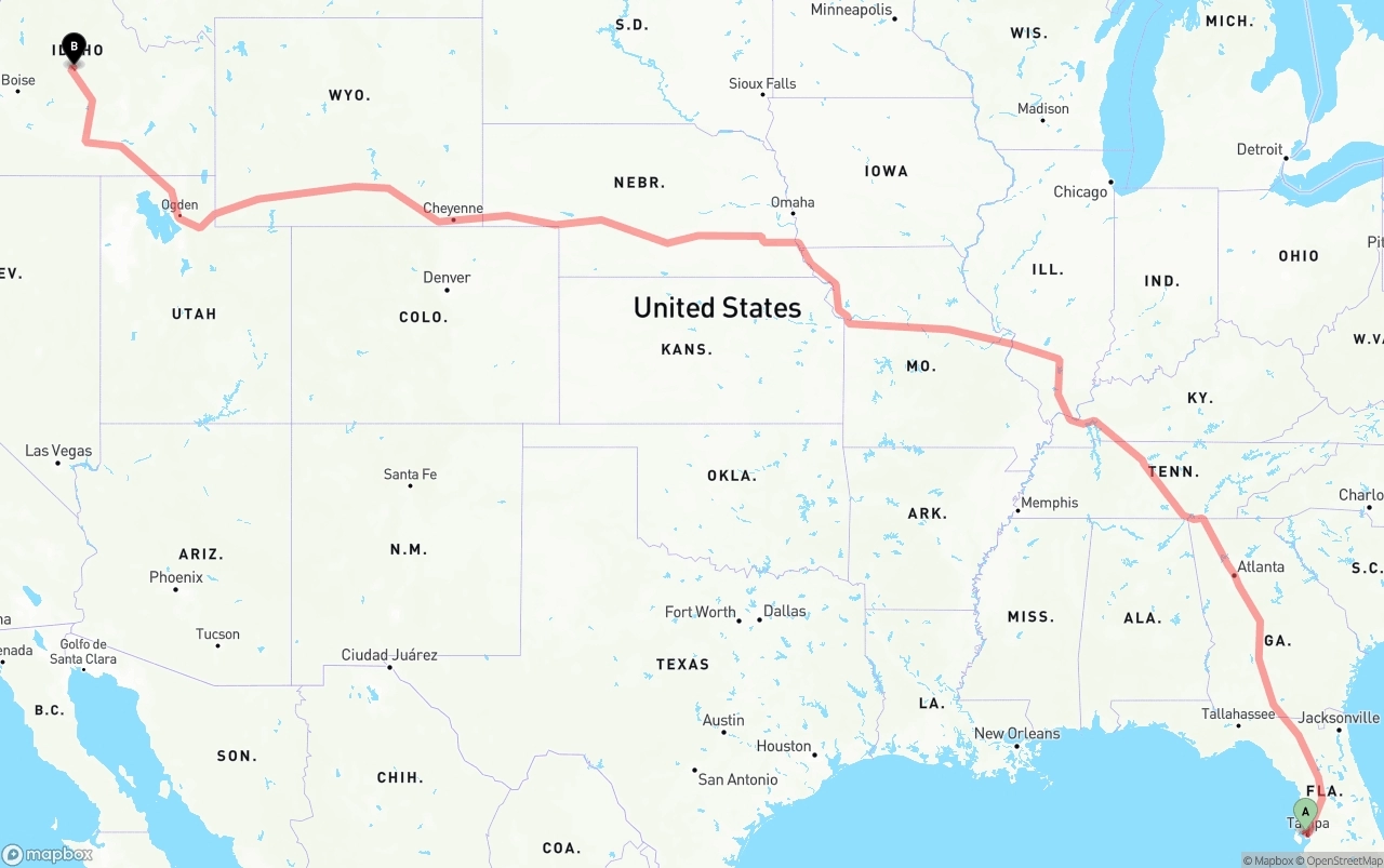 Shipping route from Tampa International Airport to Idaho