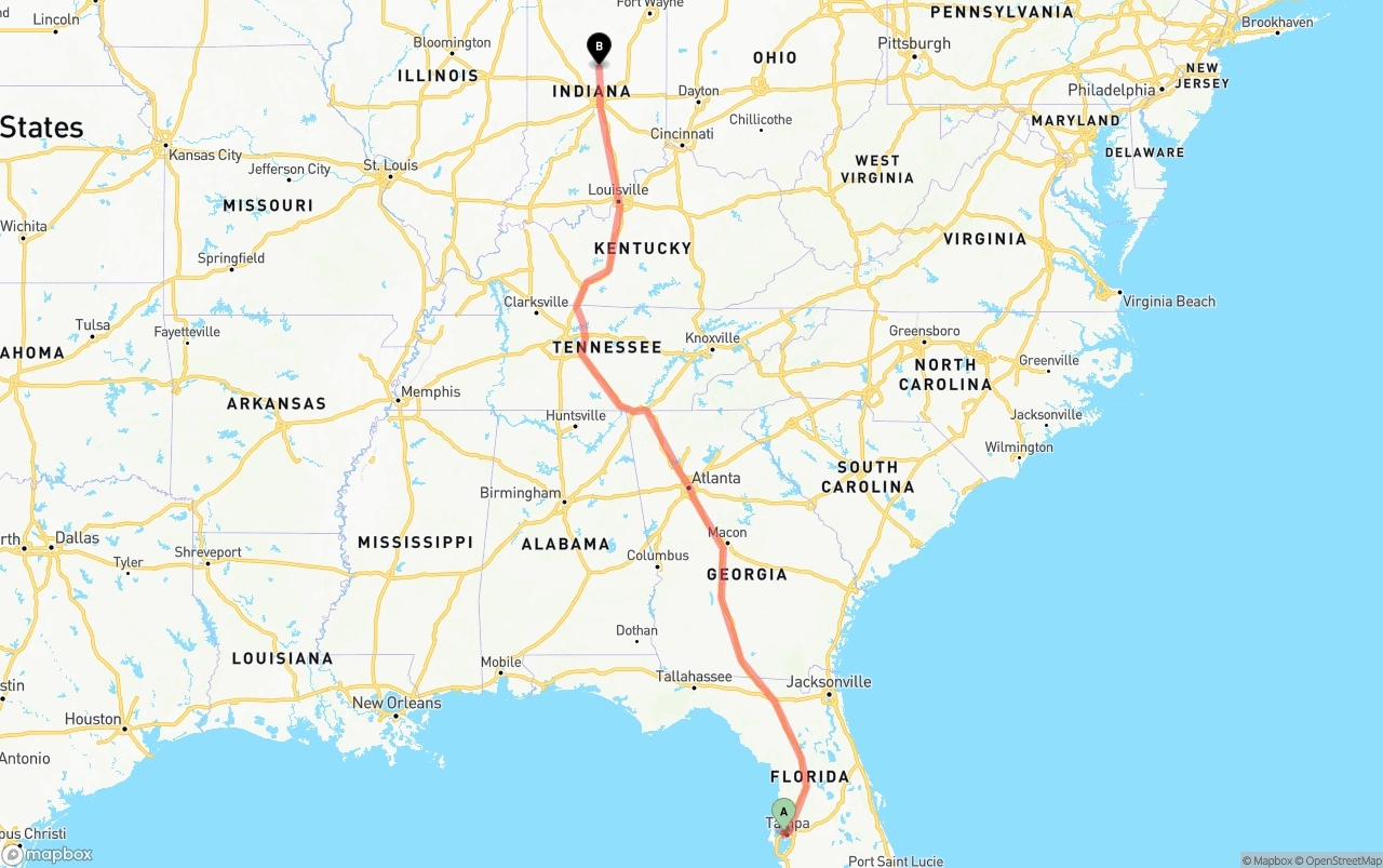 Shipping route from Tampa International Airport to Indiana