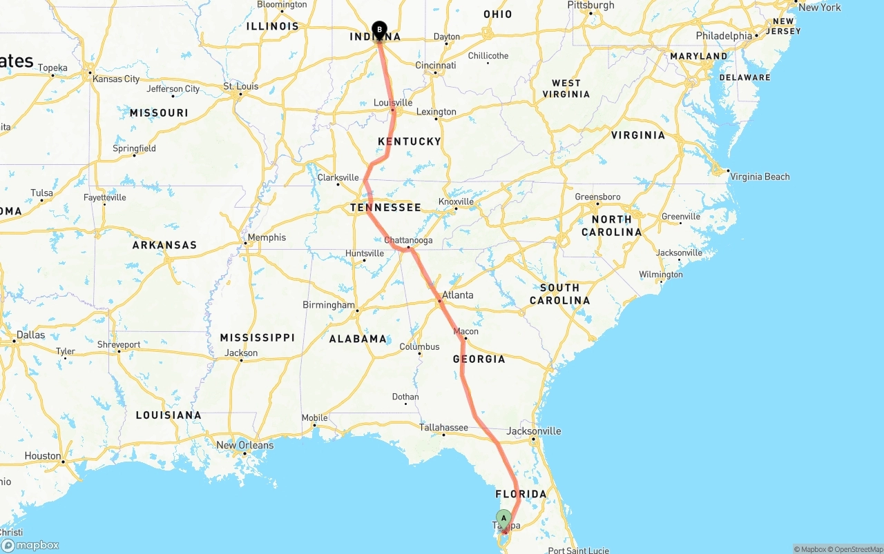 Shipping route from Tampa International Airport to Indianapolis