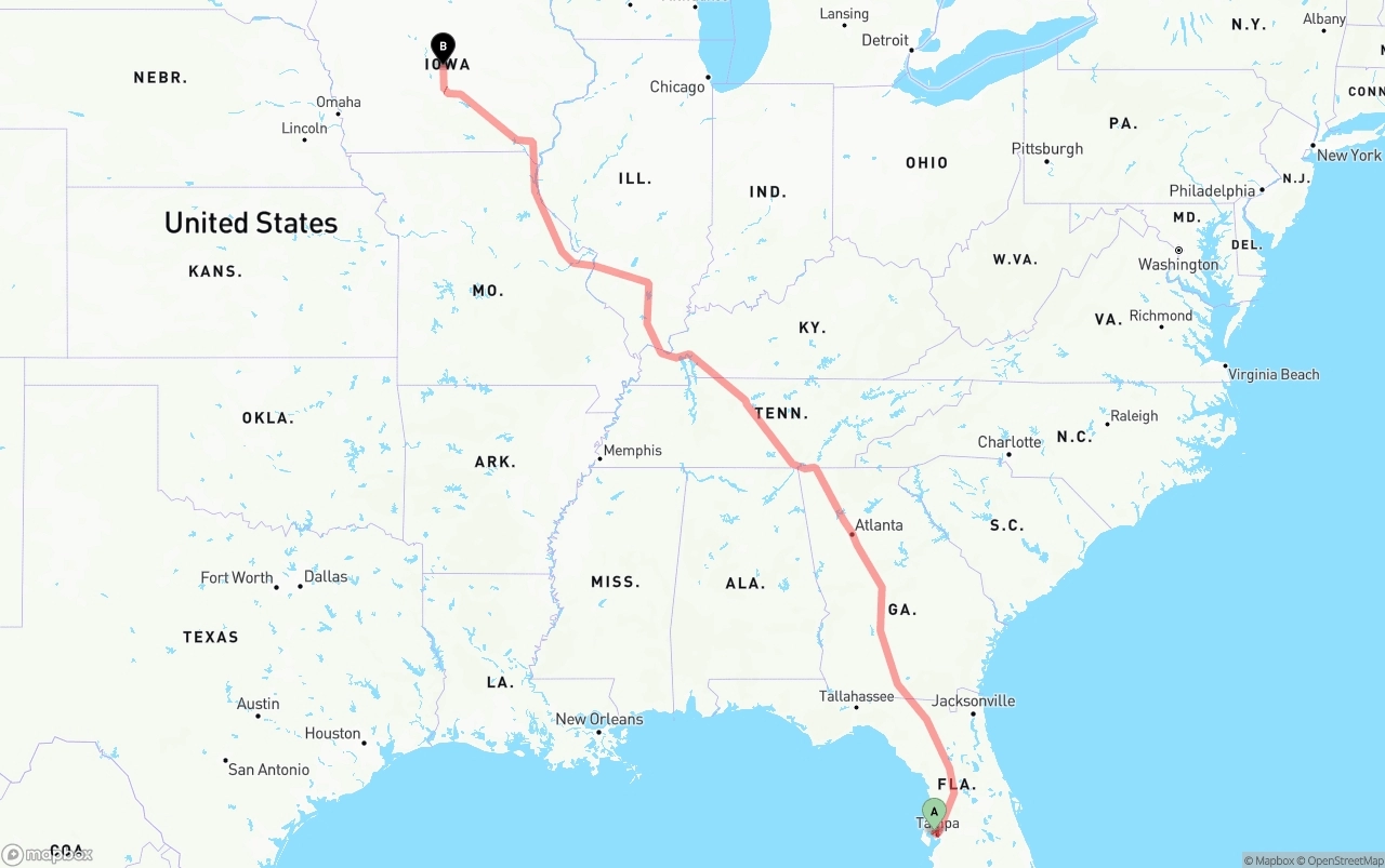Shipping route from Tampa International Airport to Iowa