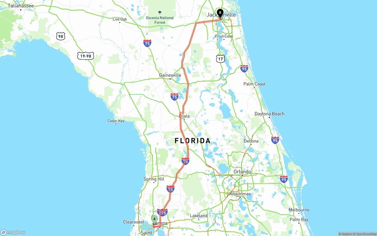 Shipping route from Tampa International Airport to Jacksonville