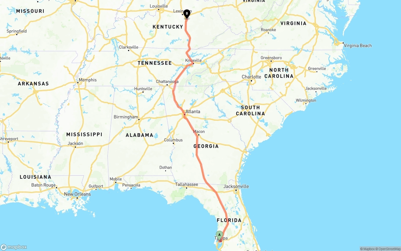 Shipping route from Tampa International Airport to Kentucky