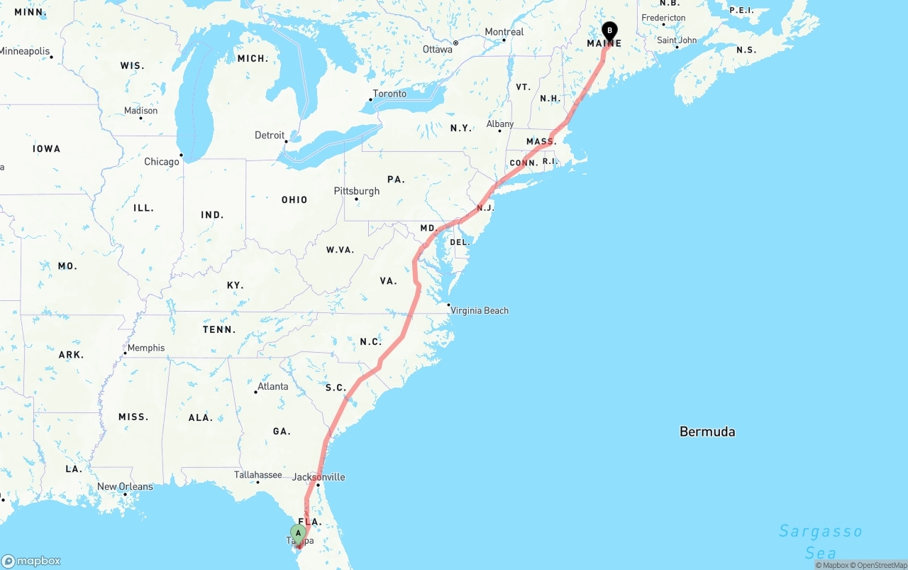 Shipping route from Tampa International Airport to Maine