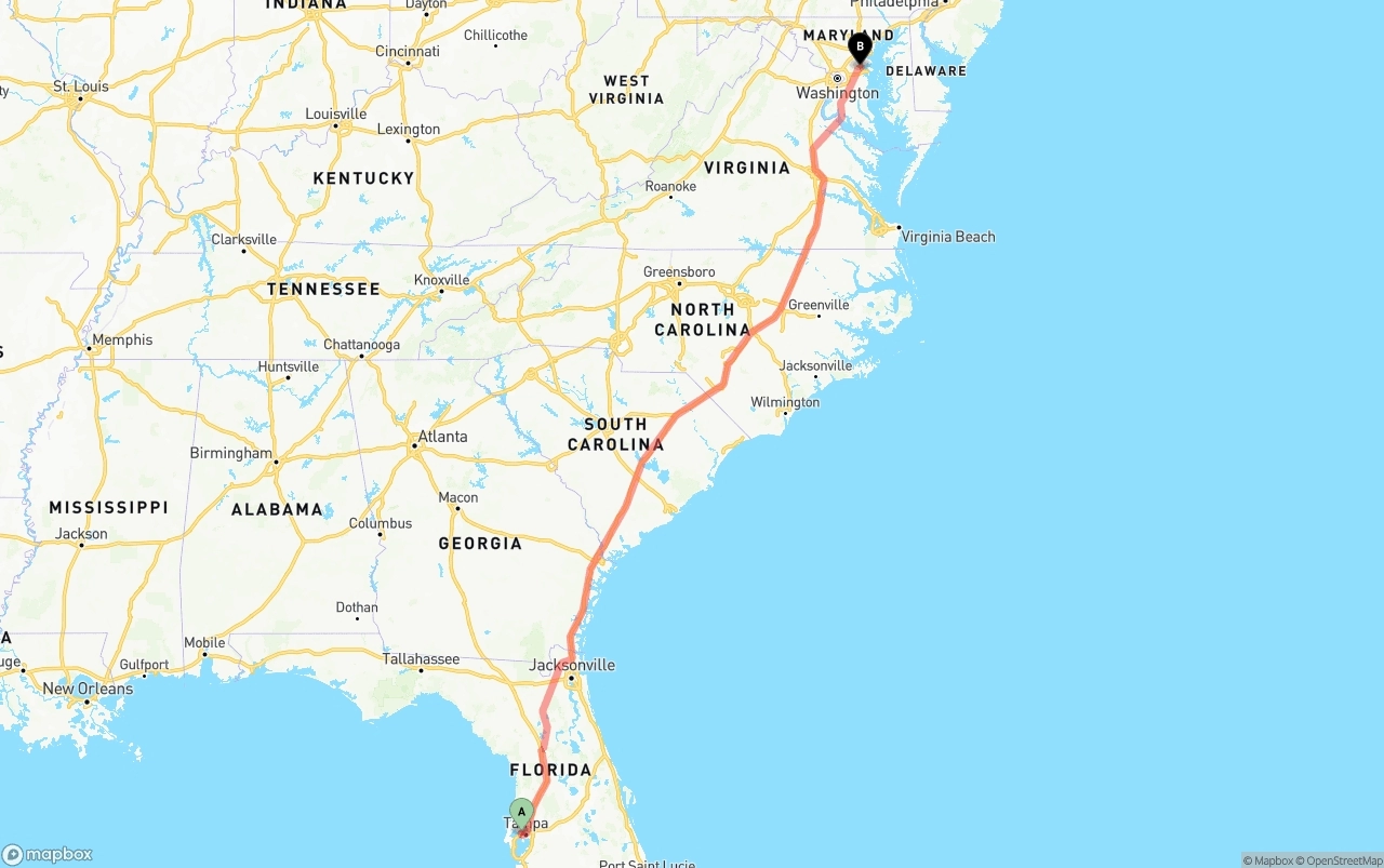 Shipping route from Tampa International Airport to Maryland