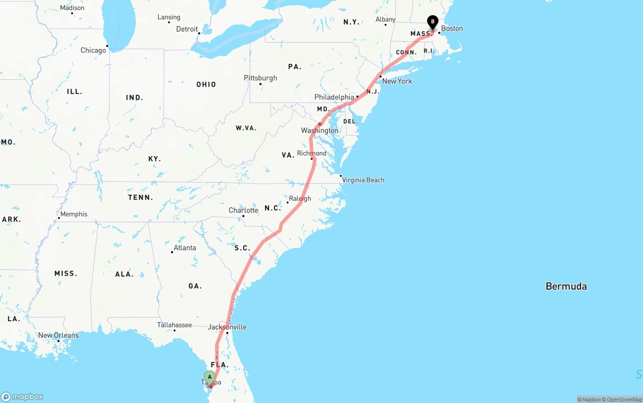 Shipping route from Tampa International Airport to Massachusetts