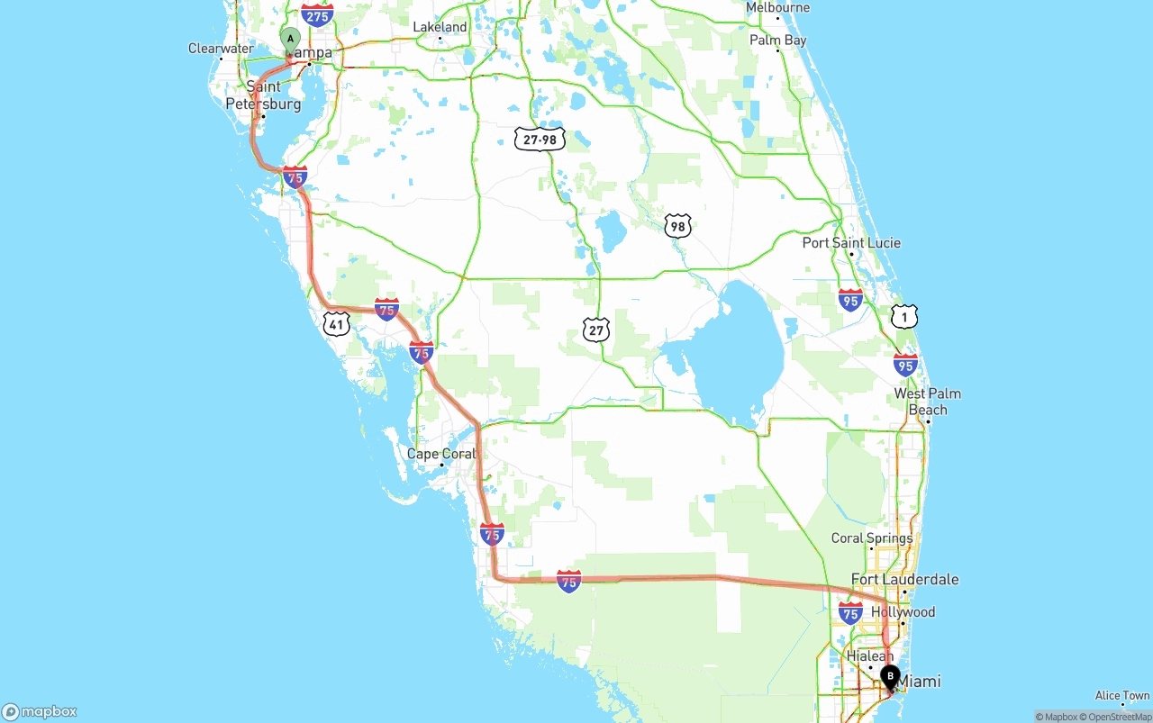 Shipping route from Tampa International Airport to Miami