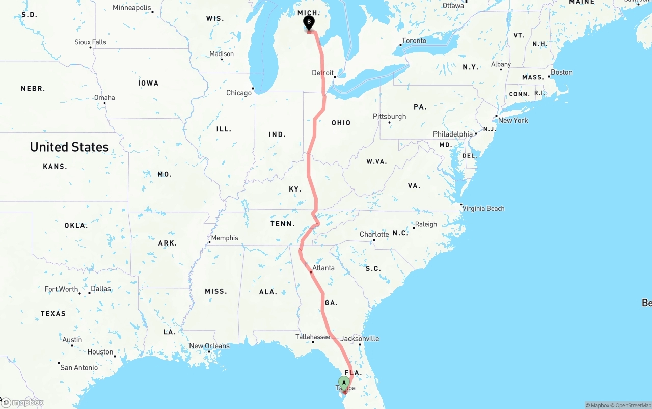 Shipping route from Tampa International Airport to Michigan