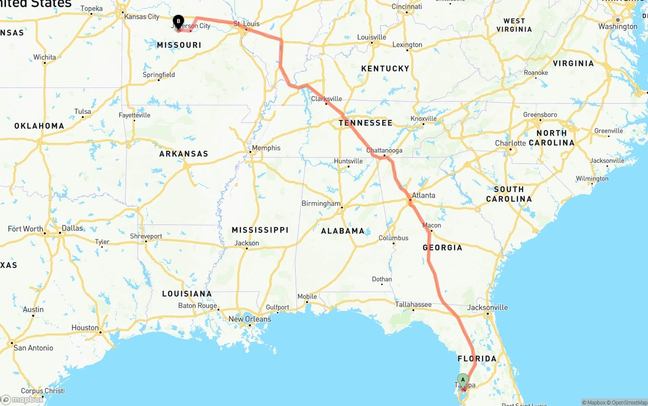 Shipping route from Tampa International Airport to Missouri