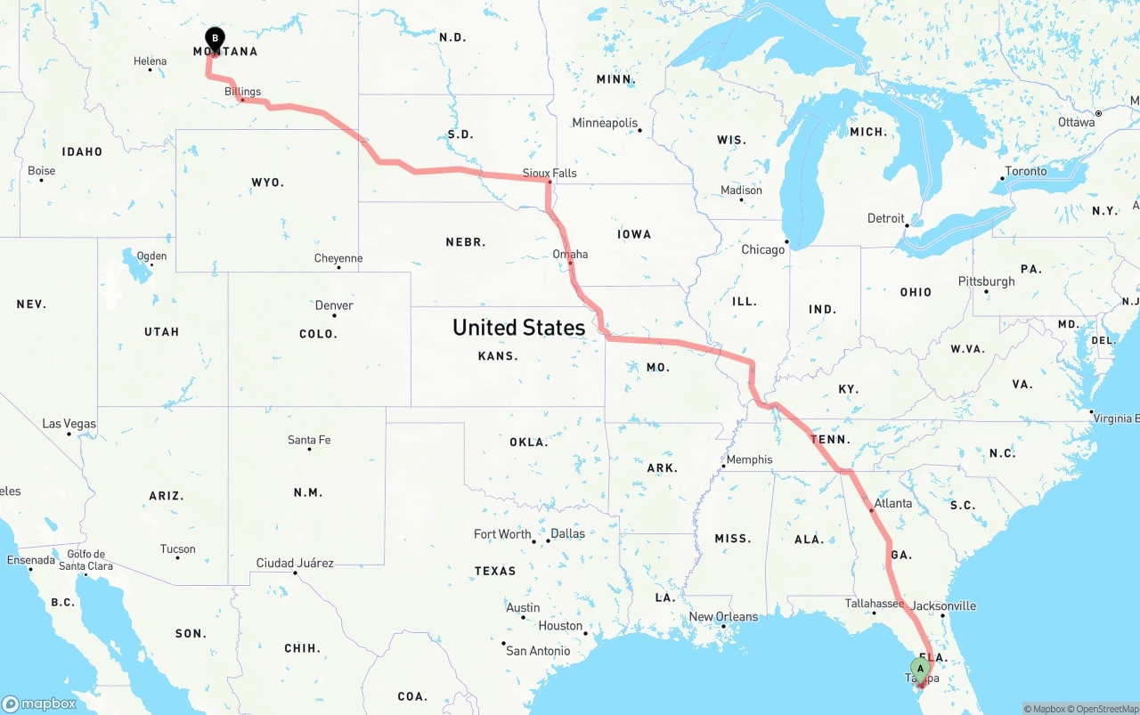 Shipping route from Tampa International Airport to Montana