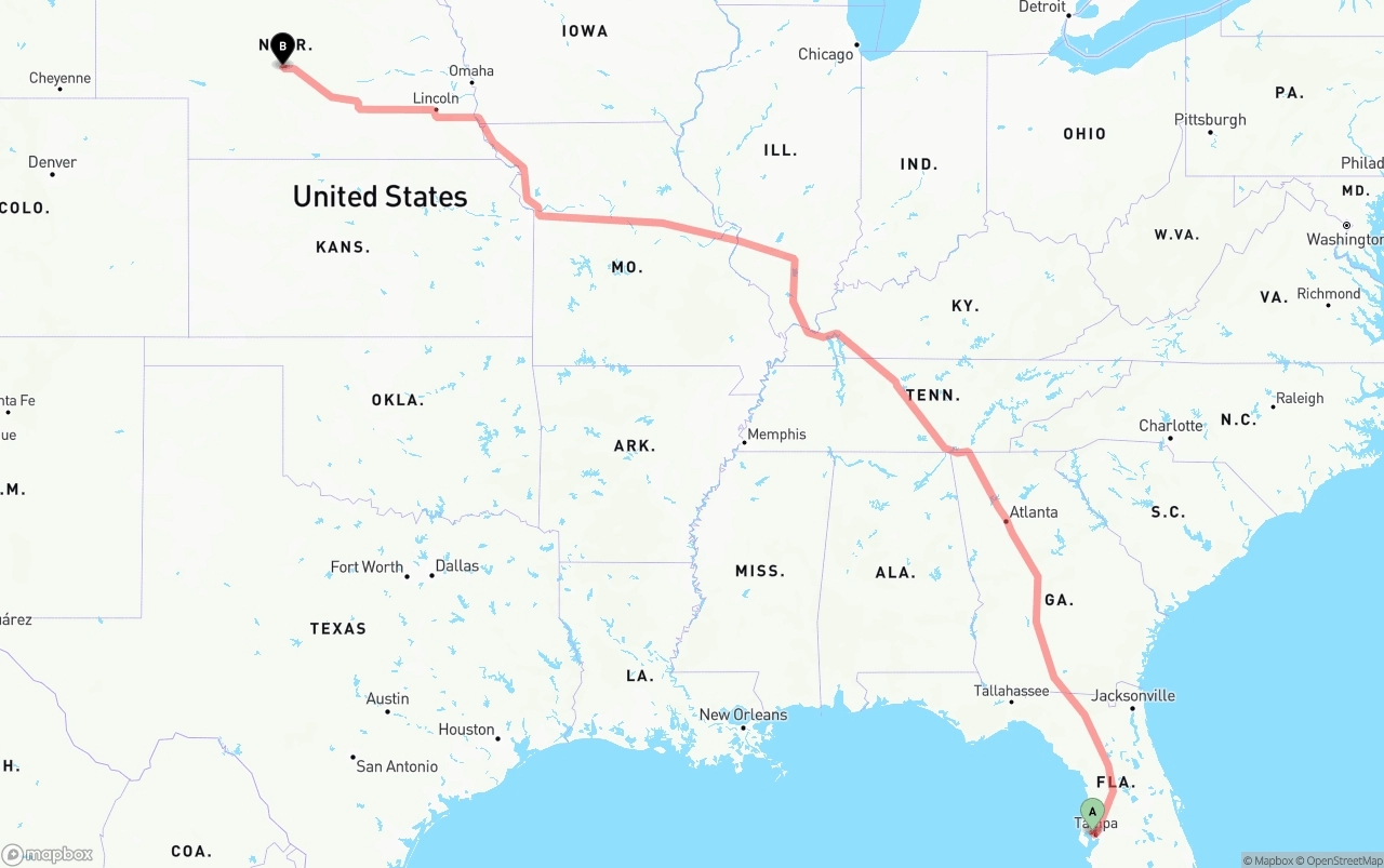 Shipping route from Tampa International Airport to Nebraska