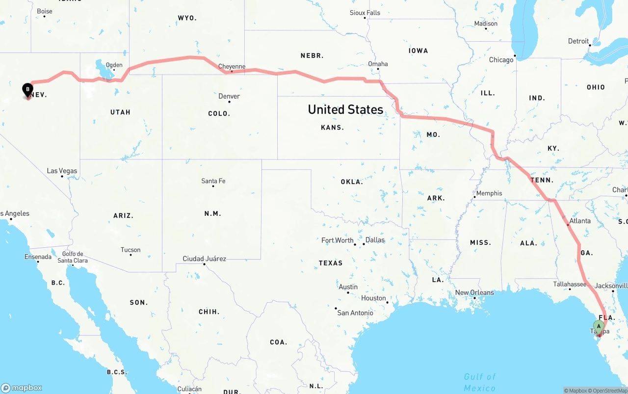 Shipping route from Tampa International Airport to Nevada