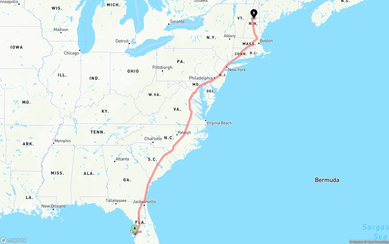 Shipping route from Tampa International Airport to New Hampshire