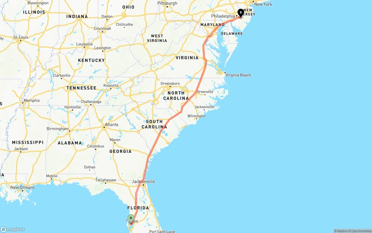 Shipping route from Tampa International Airport to New Jersey