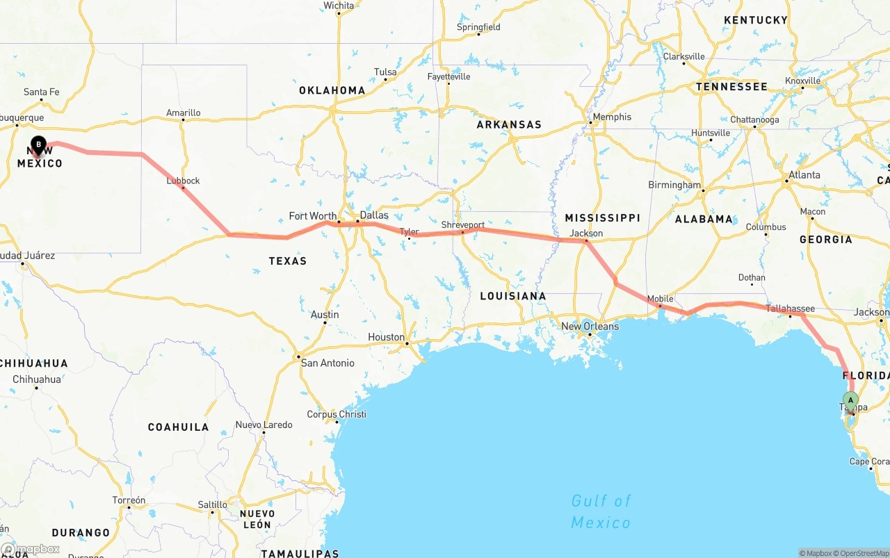 Shipping route from Tampa International Airport to New Mexico