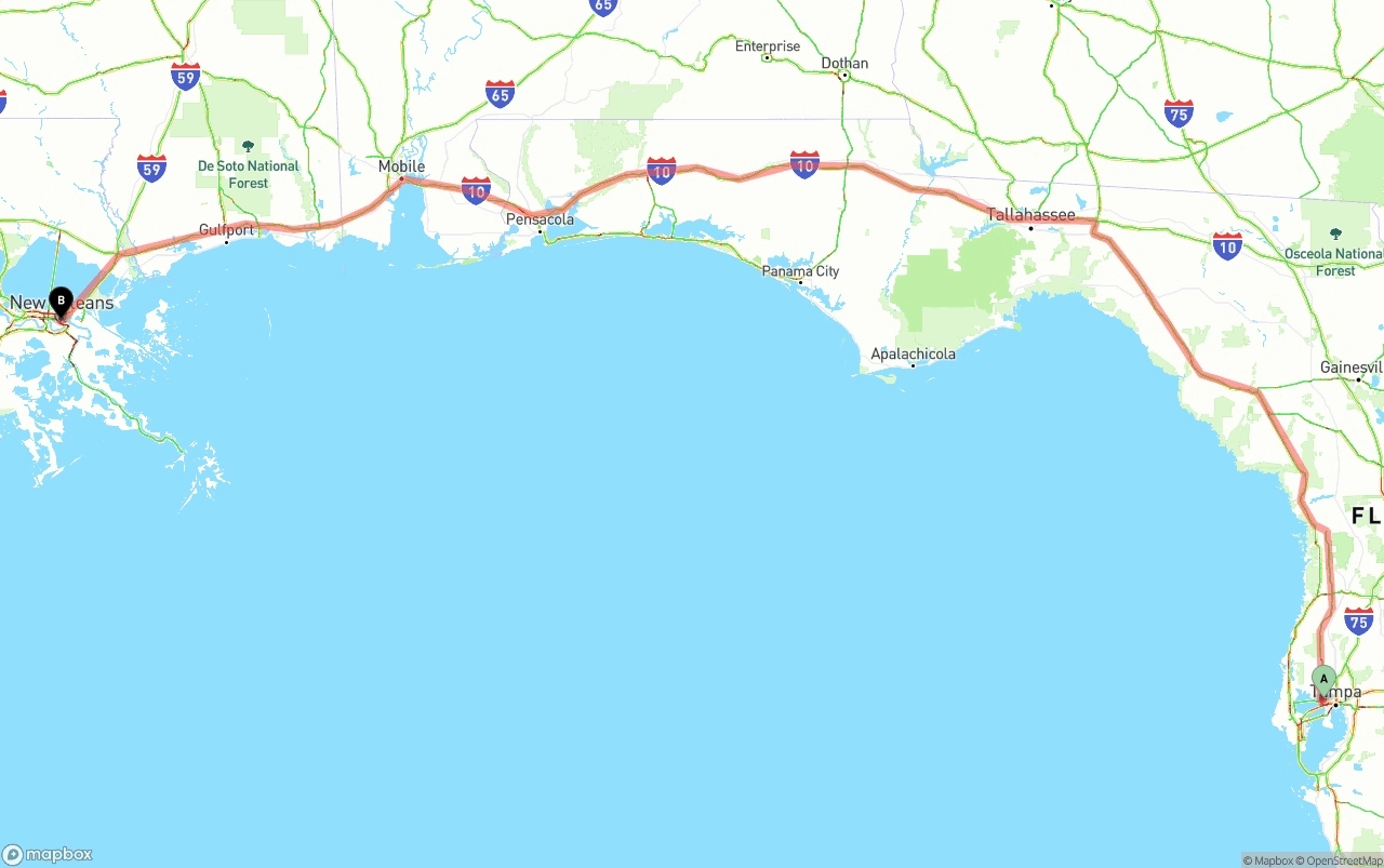 Shipping route from Tampa International Airport to New Orleans