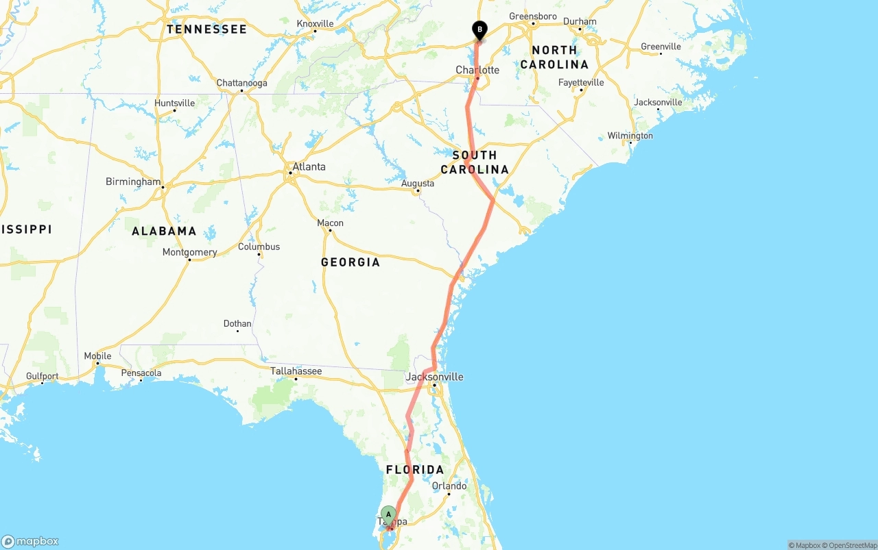 Shipping route from Tampa International Airport to North Carolina