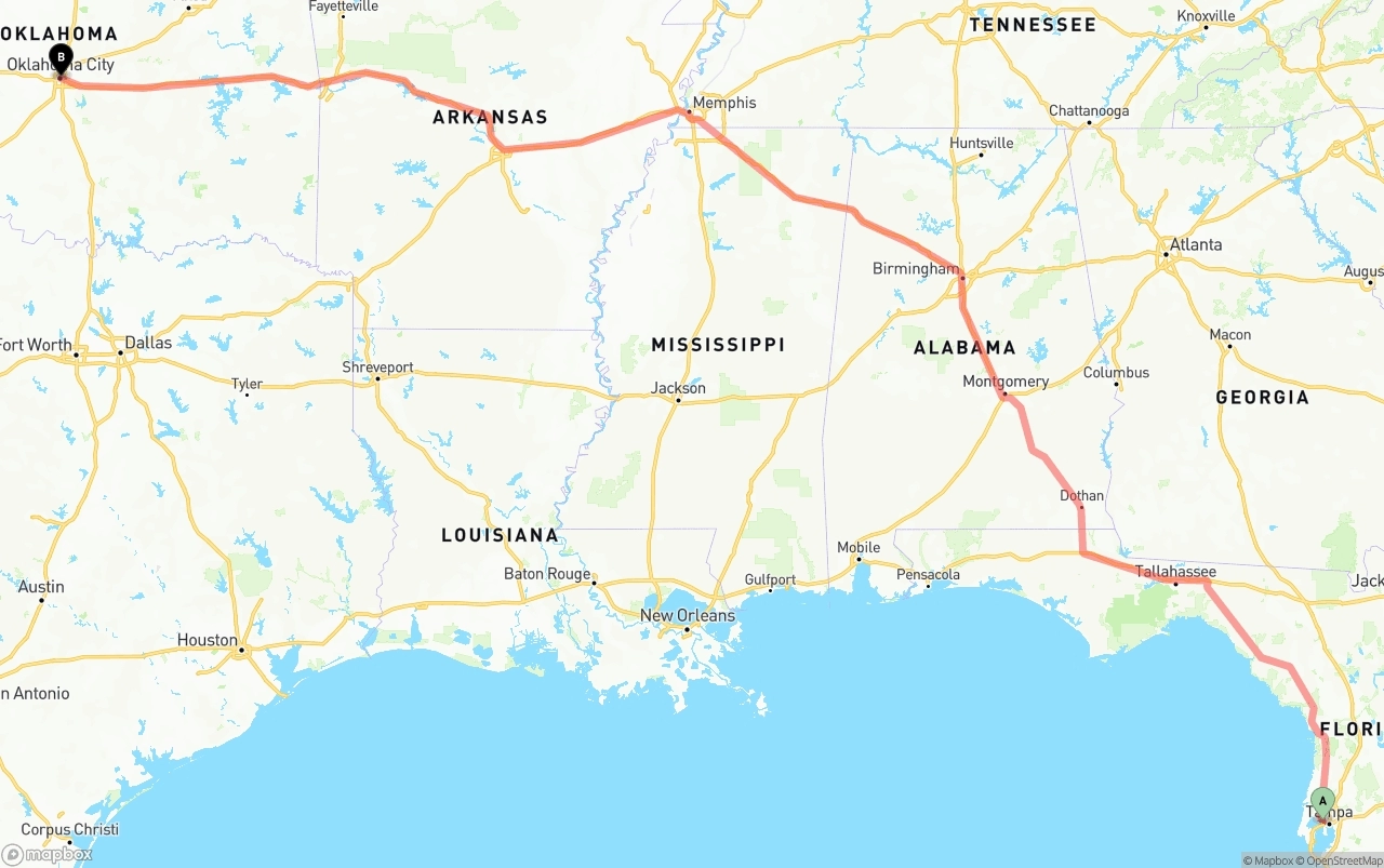Shipping route from Tampa International Airport to Oklahoma City