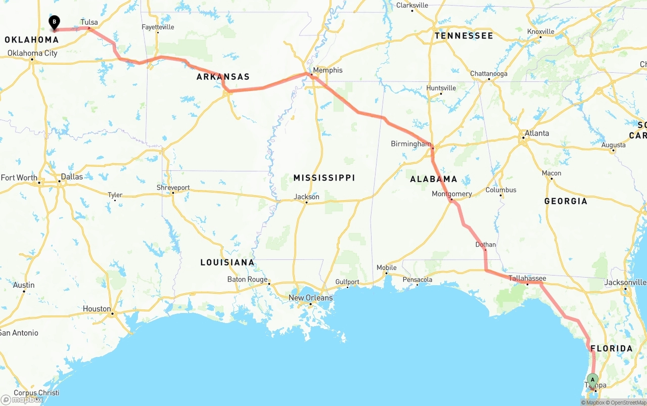 Shipping route from Tampa International Airport to Oklahoma