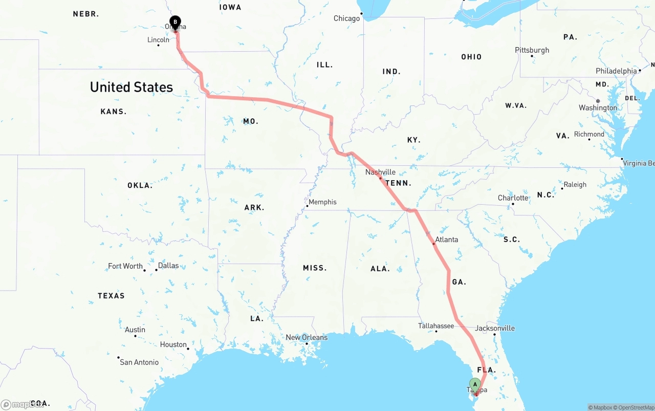 Shipping route from Tampa International Airport to Omaha