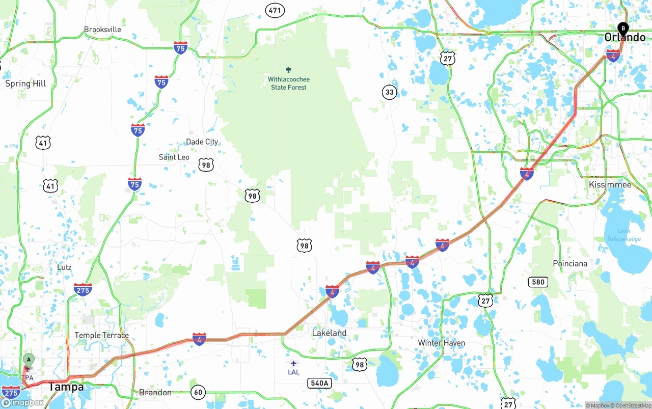 Shipping route from Tampa International Airport to Orlando