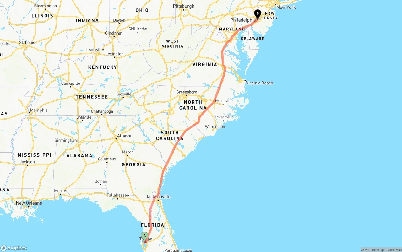Shipping route from Tampa International Airport to Philadelphia