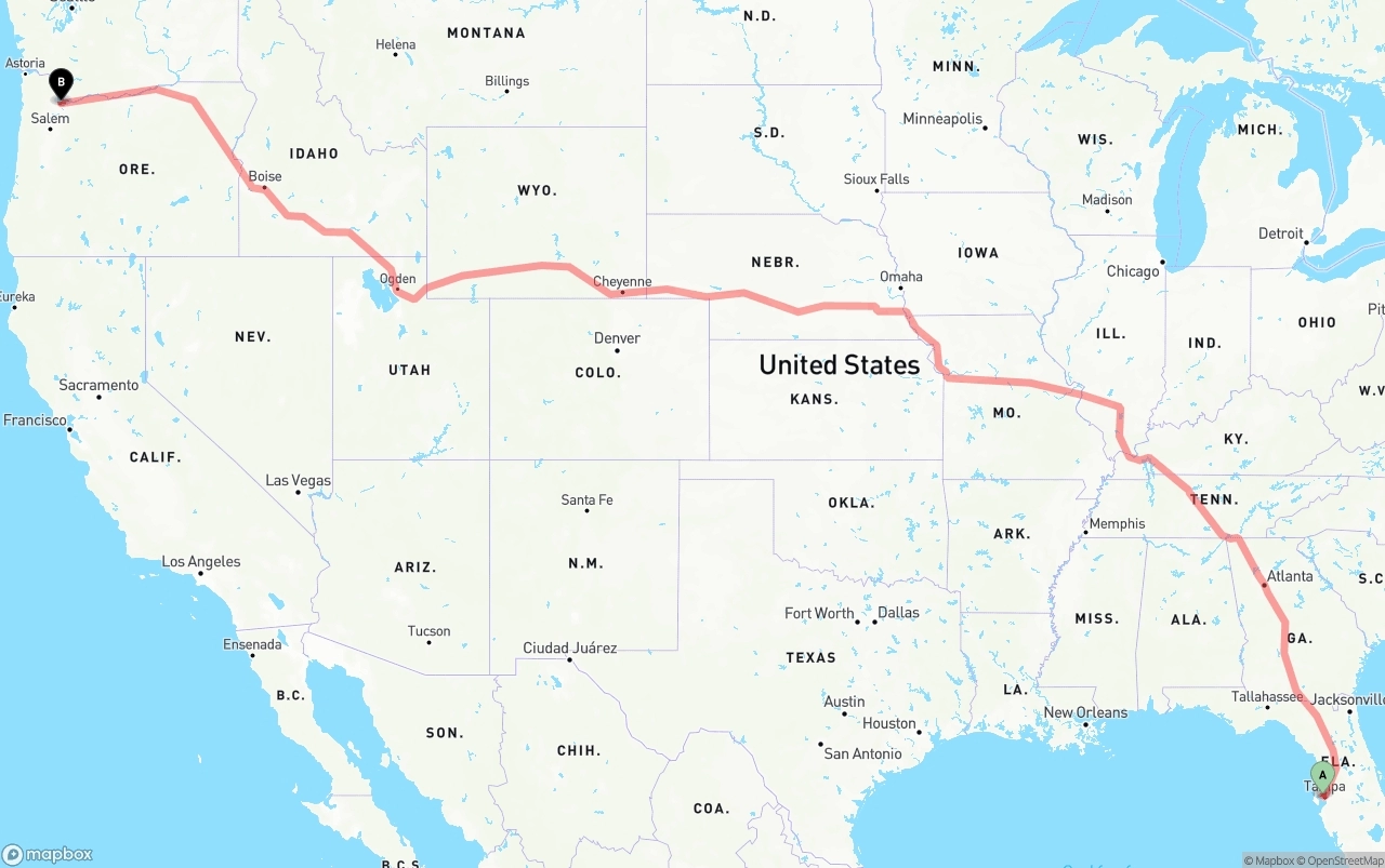 Shipping route from Tampa International Airport to Portland