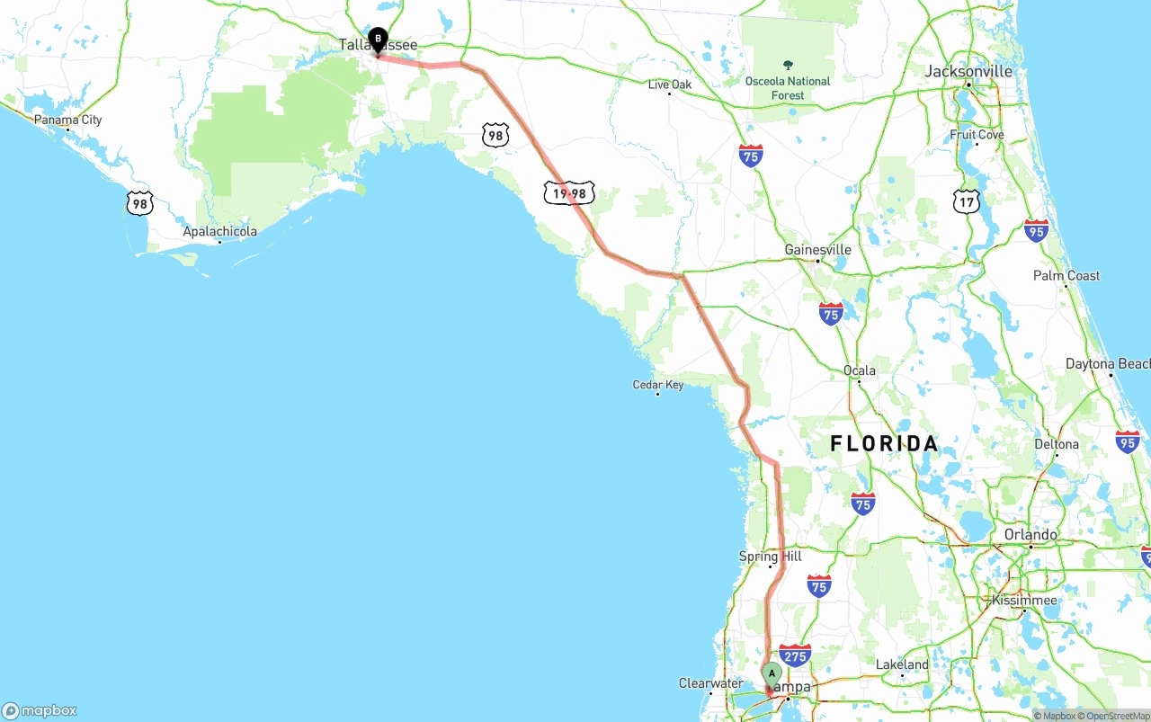 Shipping route from Tampa International Airport to Tallahassee