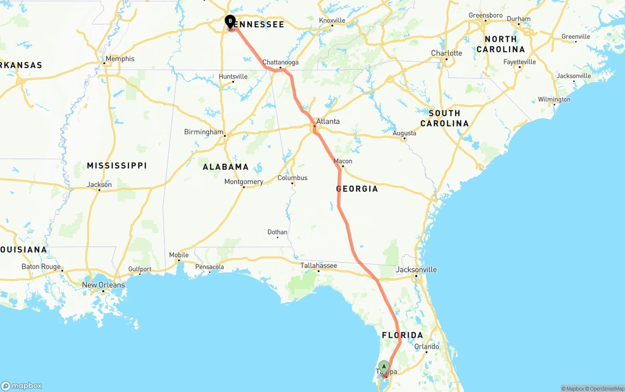 Shipping route from Tampa International Airport to Tennessee