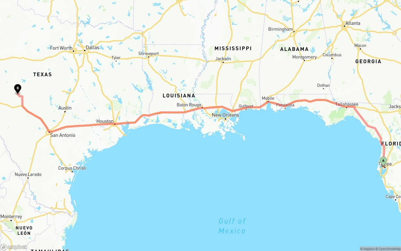 Shipping route from Tampa International Airport to Texas