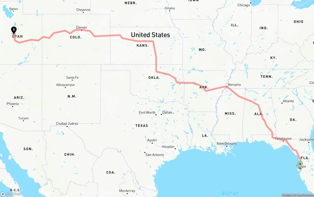 Shipping route from Tampa International Airport to Utah