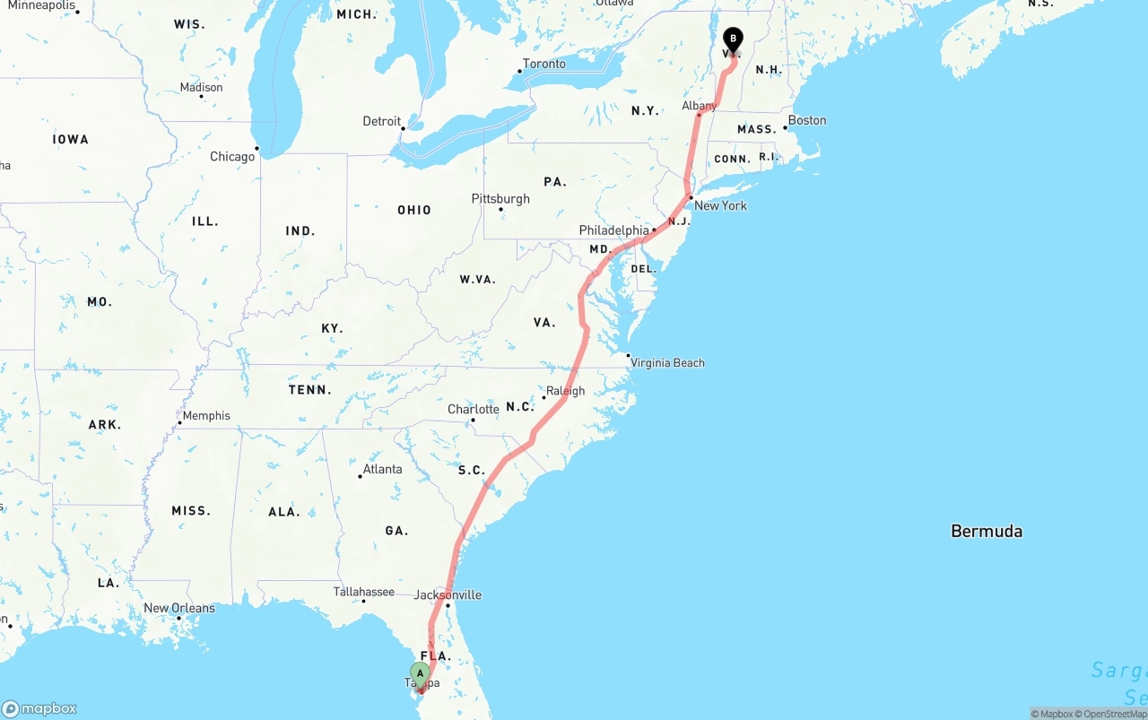 Shipping route from Tampa International Airport to Vermont