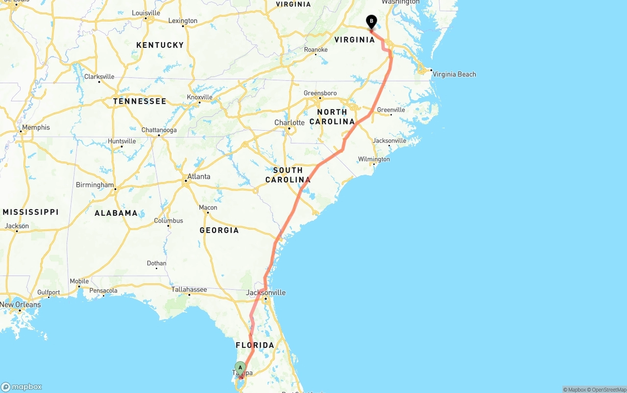 Shipping route from Tampa International Airport to Virginia