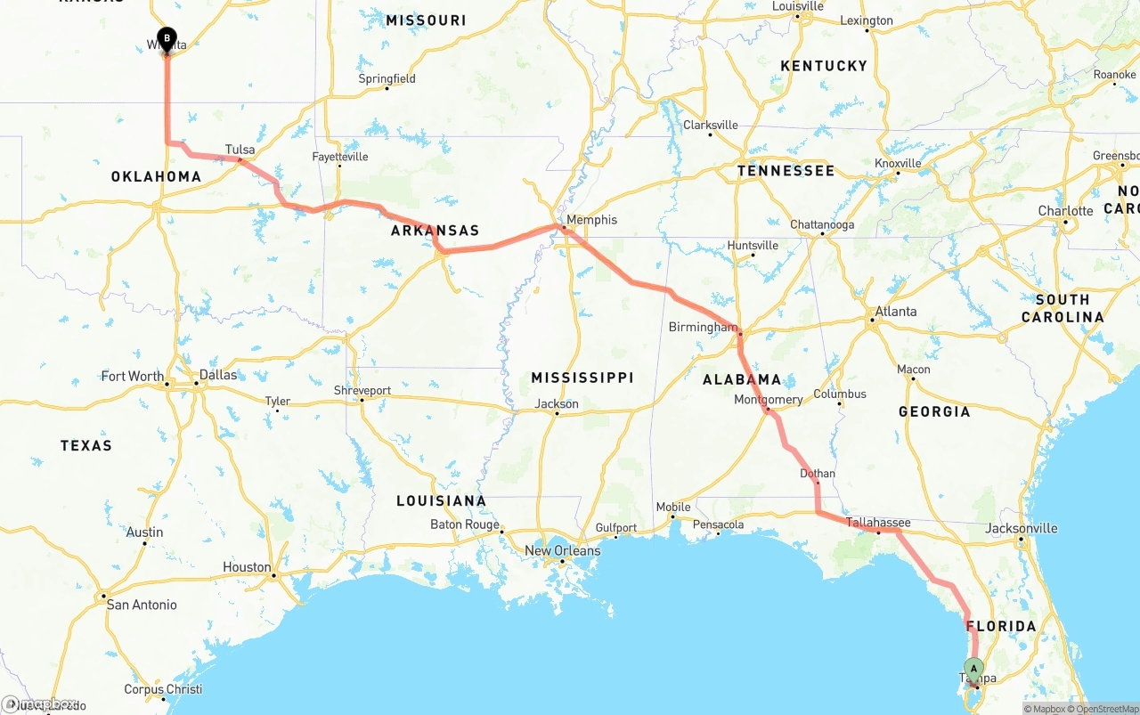 Shipping route from Tampa International Airport to Wichita