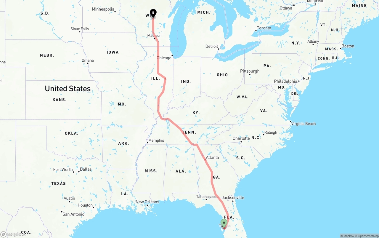 Shipping route from Tampa International Airport to Wisconsin