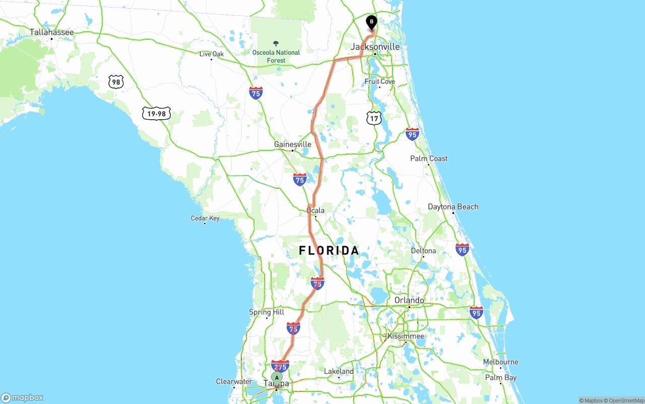 Shipping route from Tampa to Jacksonville International Airport