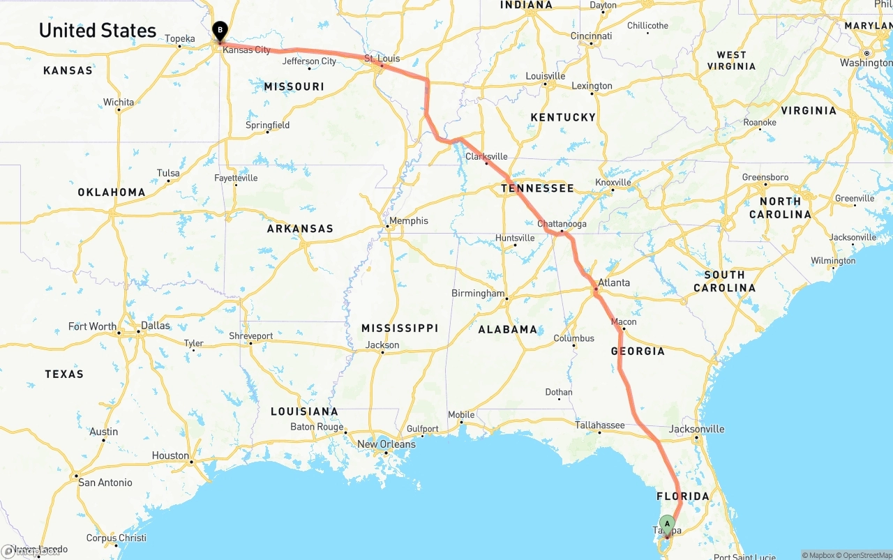 Shipping route from Tampa to Kansas City