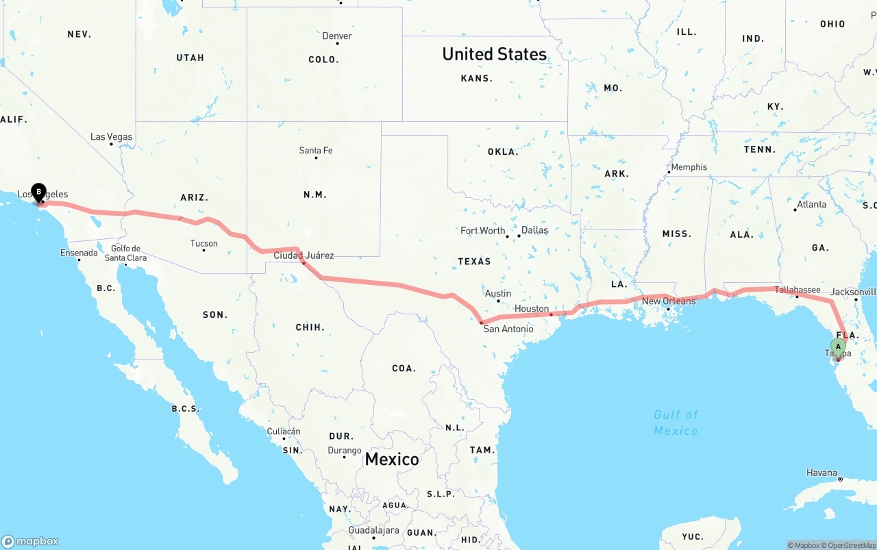 Shipping route from Tampa to Los Angeles International Airport
