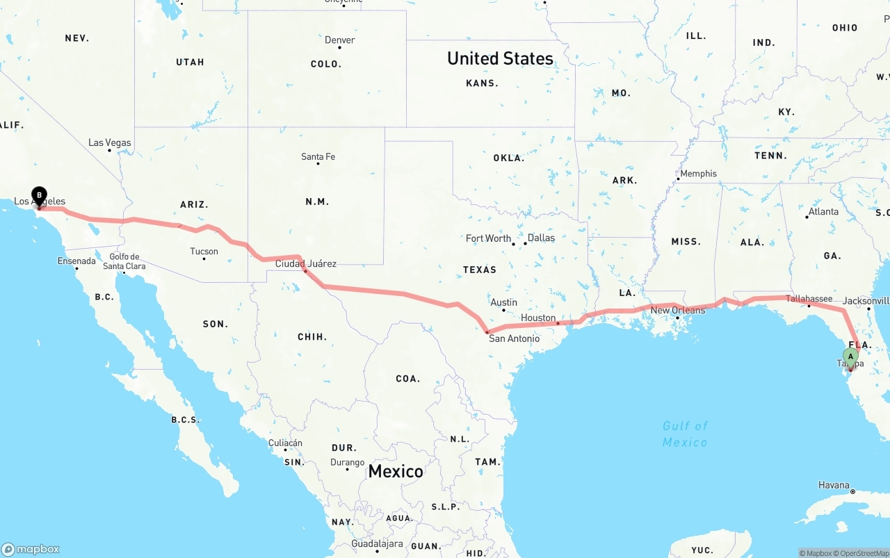 Shipping route from Tampa to Los Angeles
