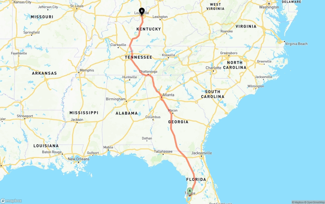 Shipping route from Tampa to Louisville
