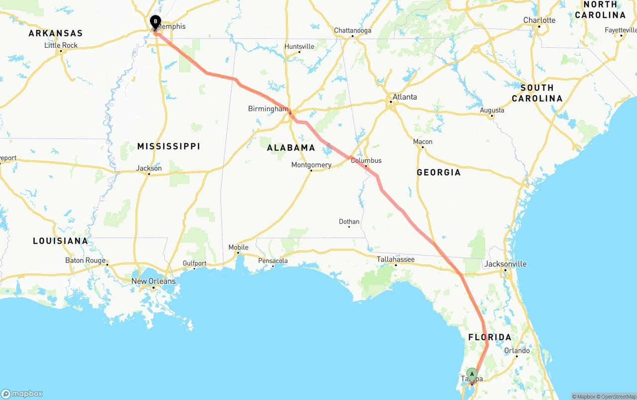 Shipping route from Tampa to Memphis
