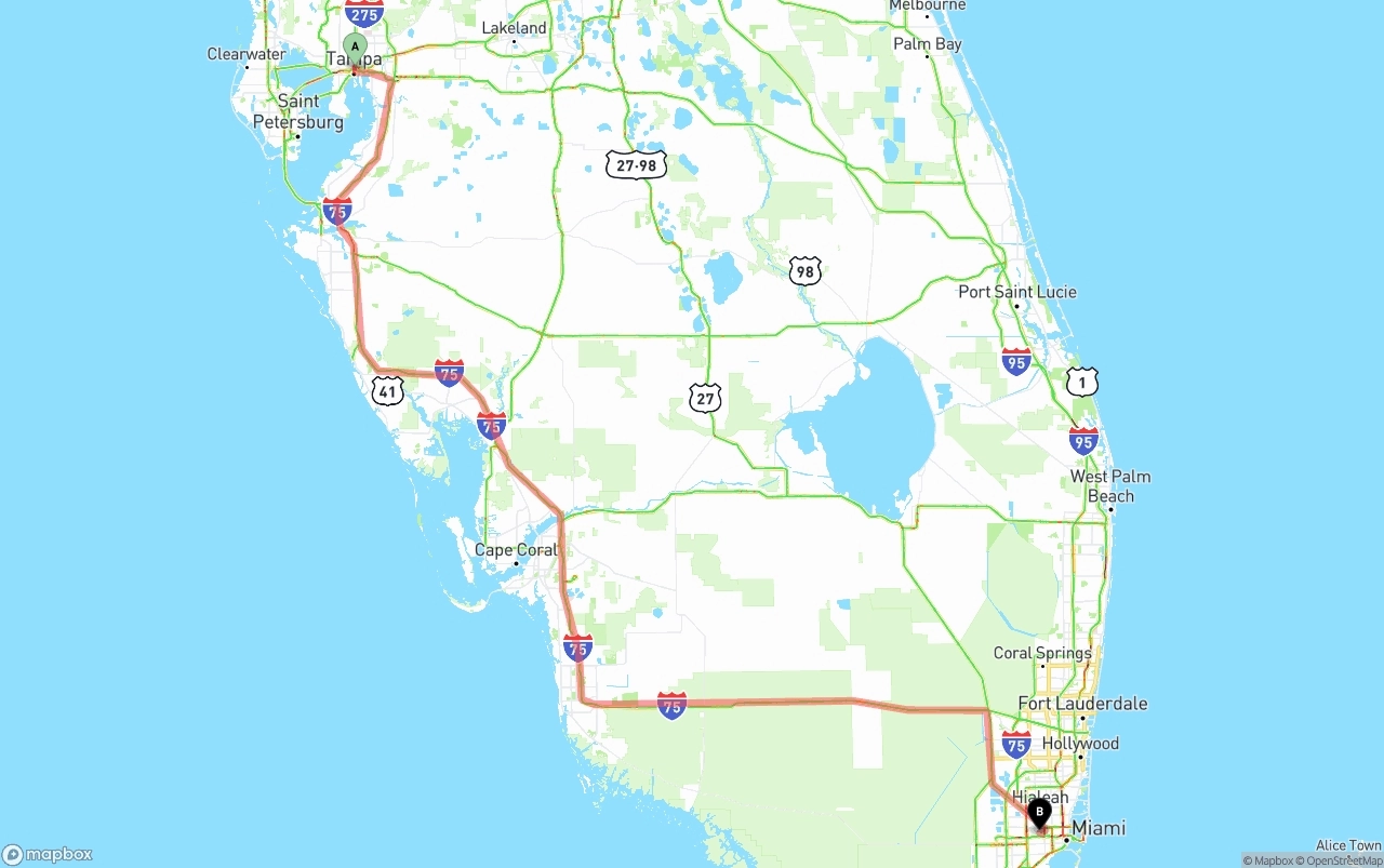 Shipping route from Tampa to Miami International Airport