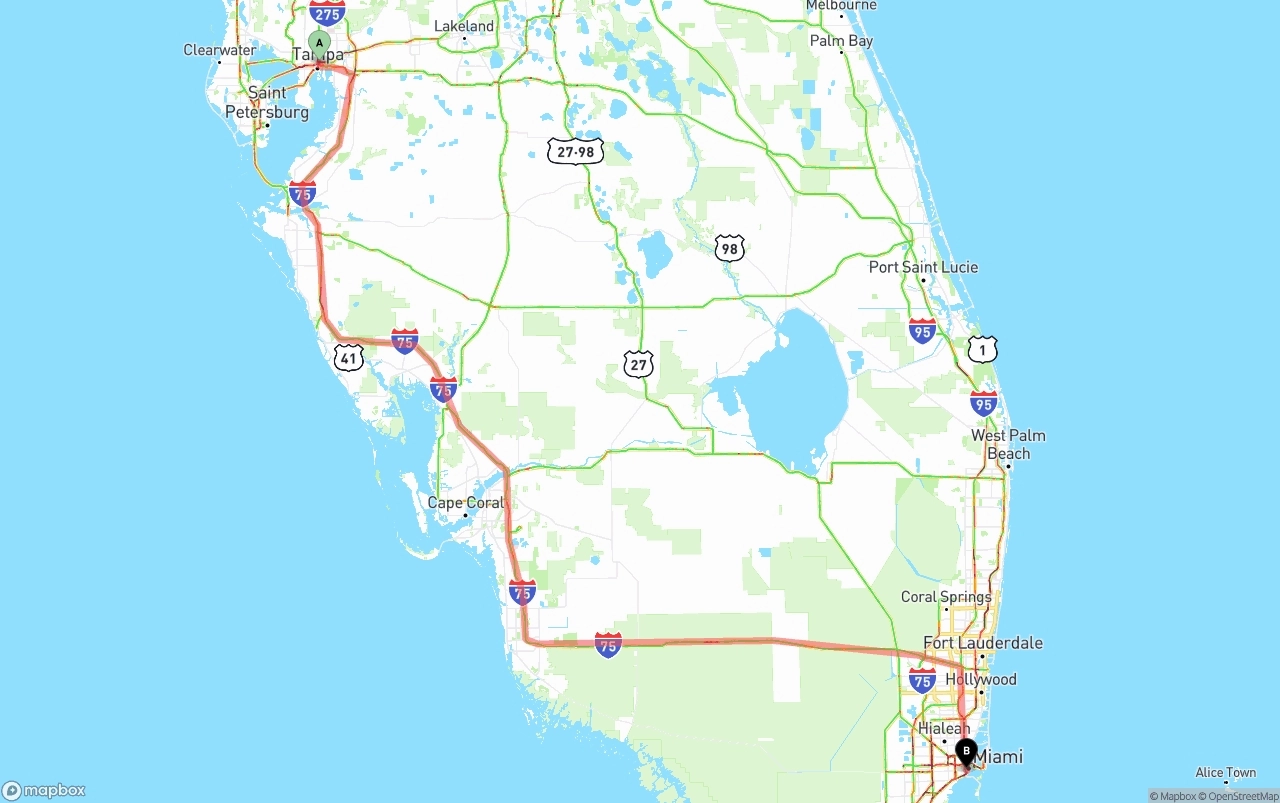 Shipping route from Tampa to Miami