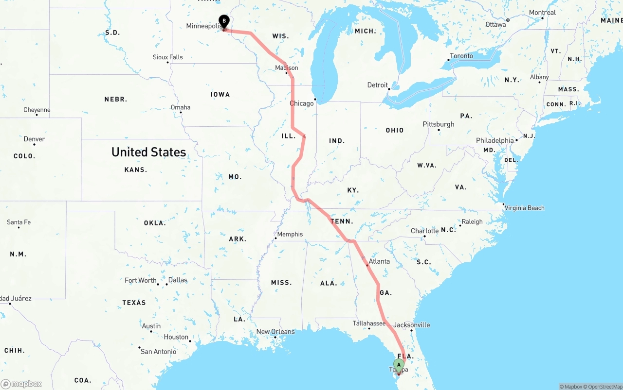 Shipping route from Tampa to Minneapolis