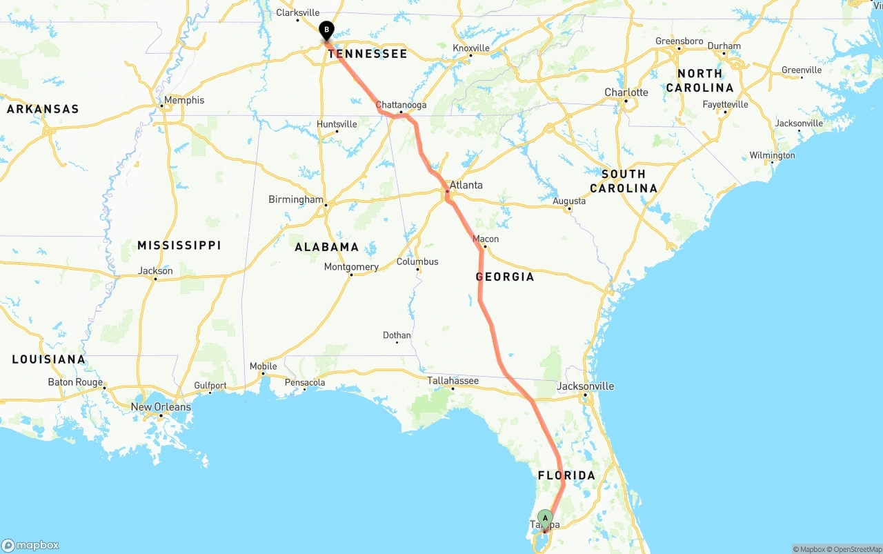 Shipping route from Tampa to Nashville